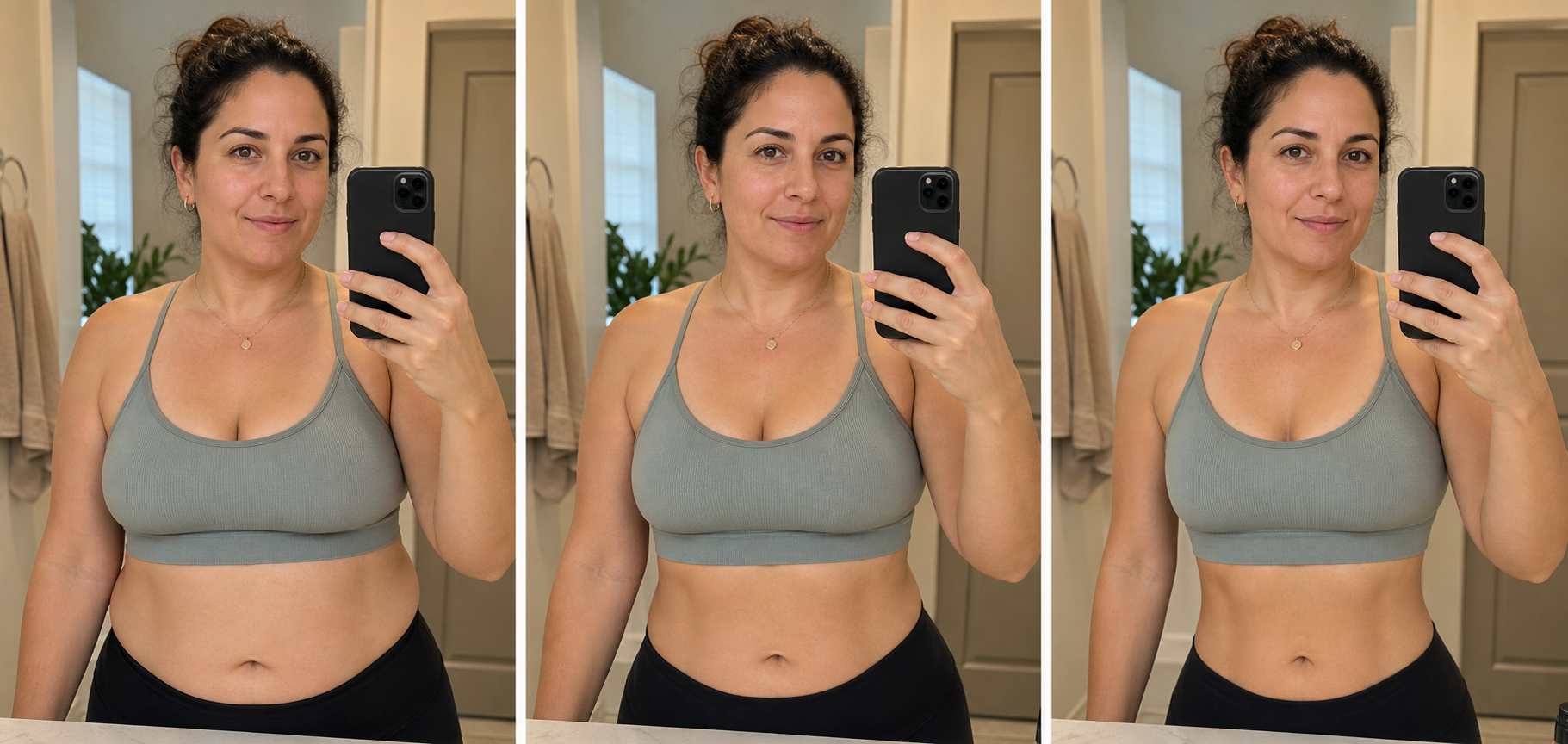 Selfie-style upload showing current, 7 kg lighter, and 15 kg lighter AI simulation